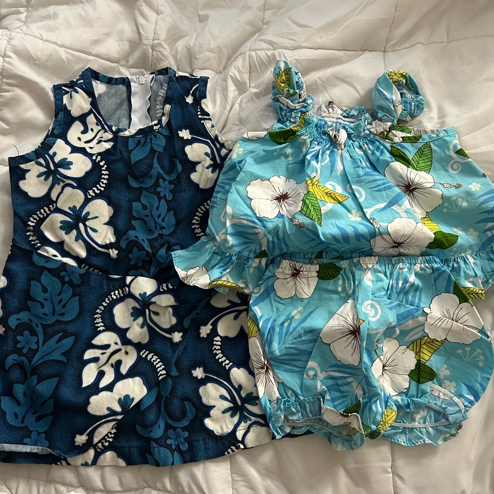 Tropical Floral Baby Dress & Romper Set - Blue Hibiscus